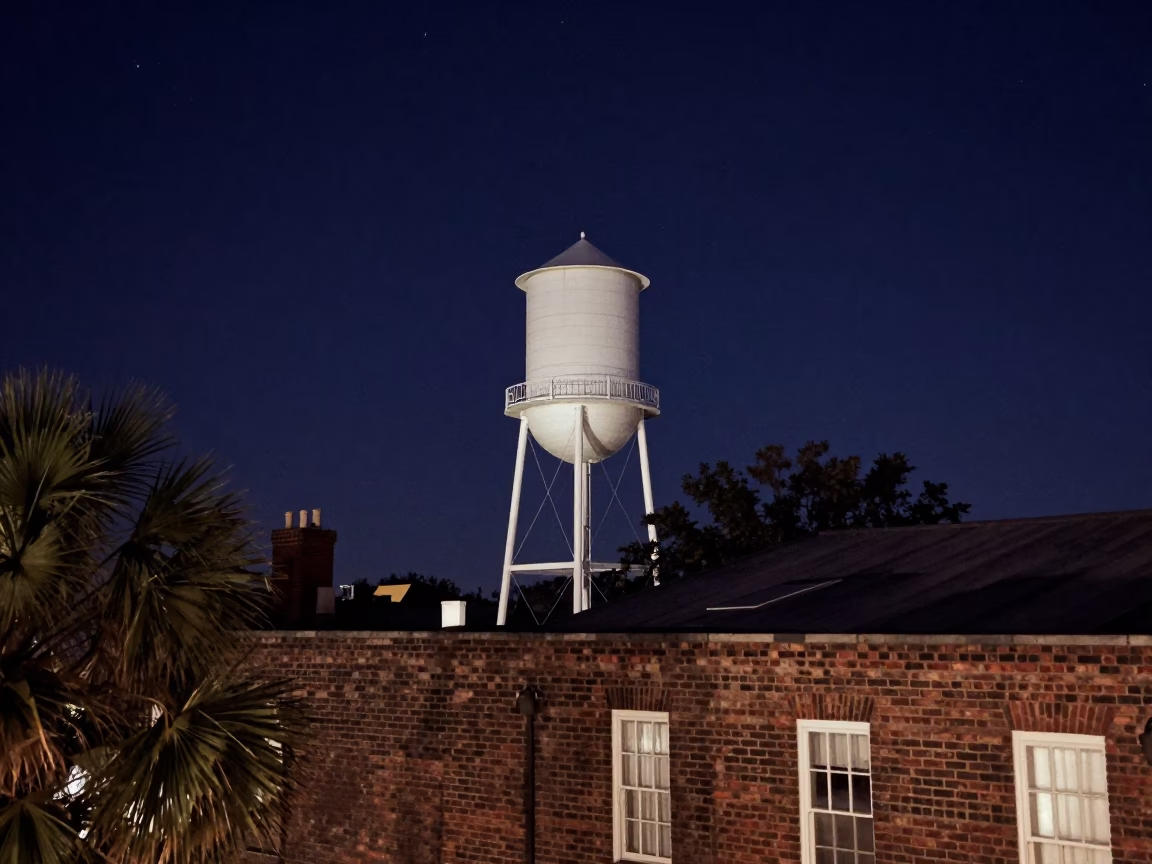 Charleston South Carolina Night Sky Water Tower and Brick Architecture Realistic Photograph in in Charleston, South Carolina, United States