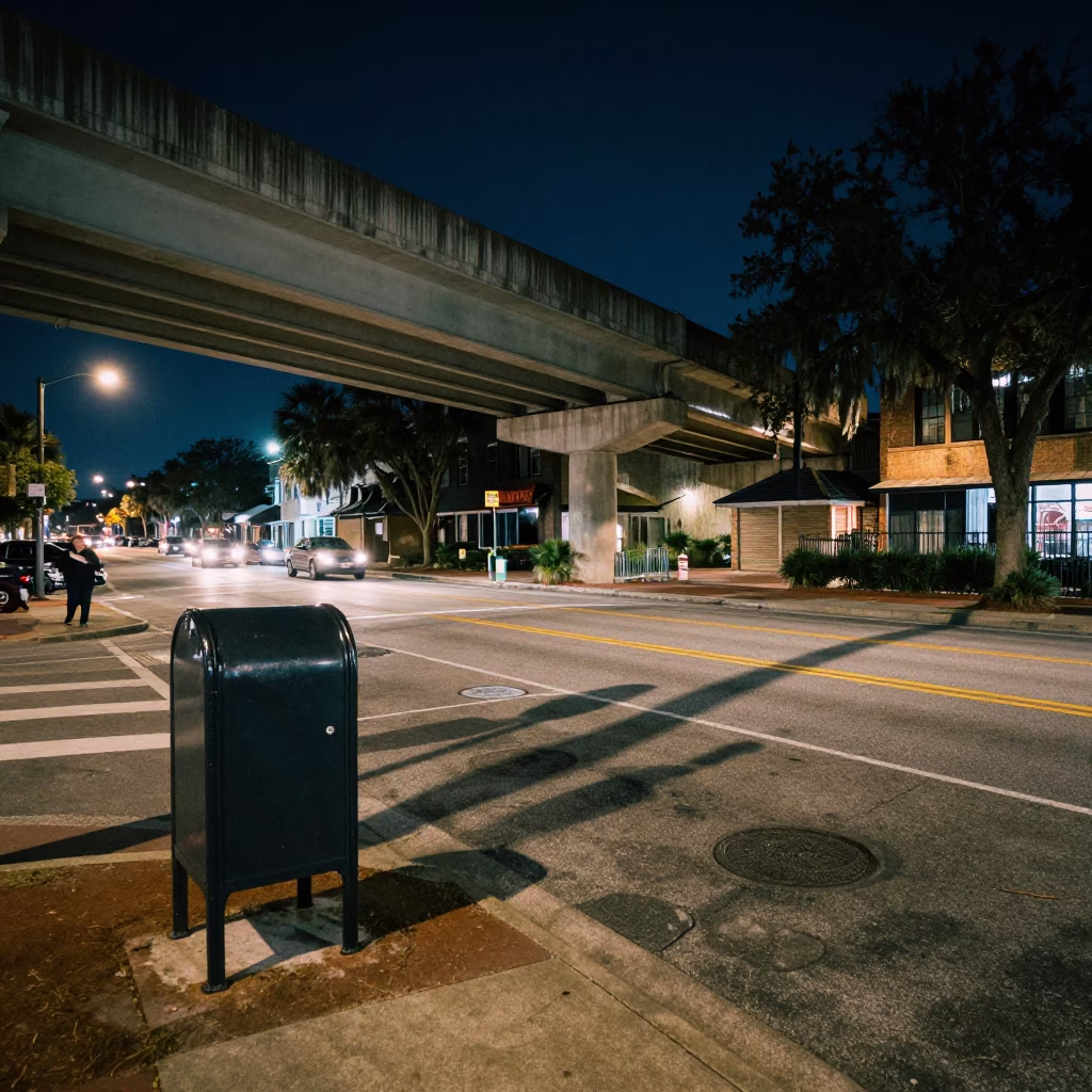 Charleston South Carolina Night Street Scene Under Flyover with Mailbox and Drawbridge Markings in in Charleston, South Carolina, United States