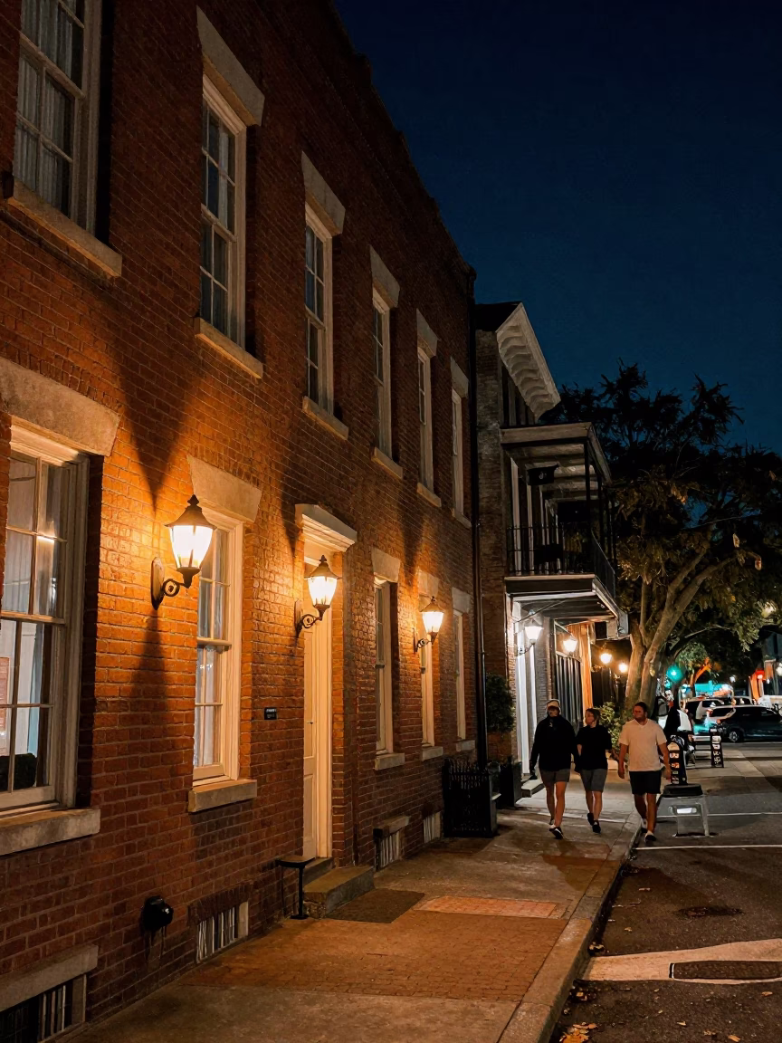 Charleston South Carolina Night Street Scene with Brick Buildings and Warm Light in in Charleston, South Carolina, United States
