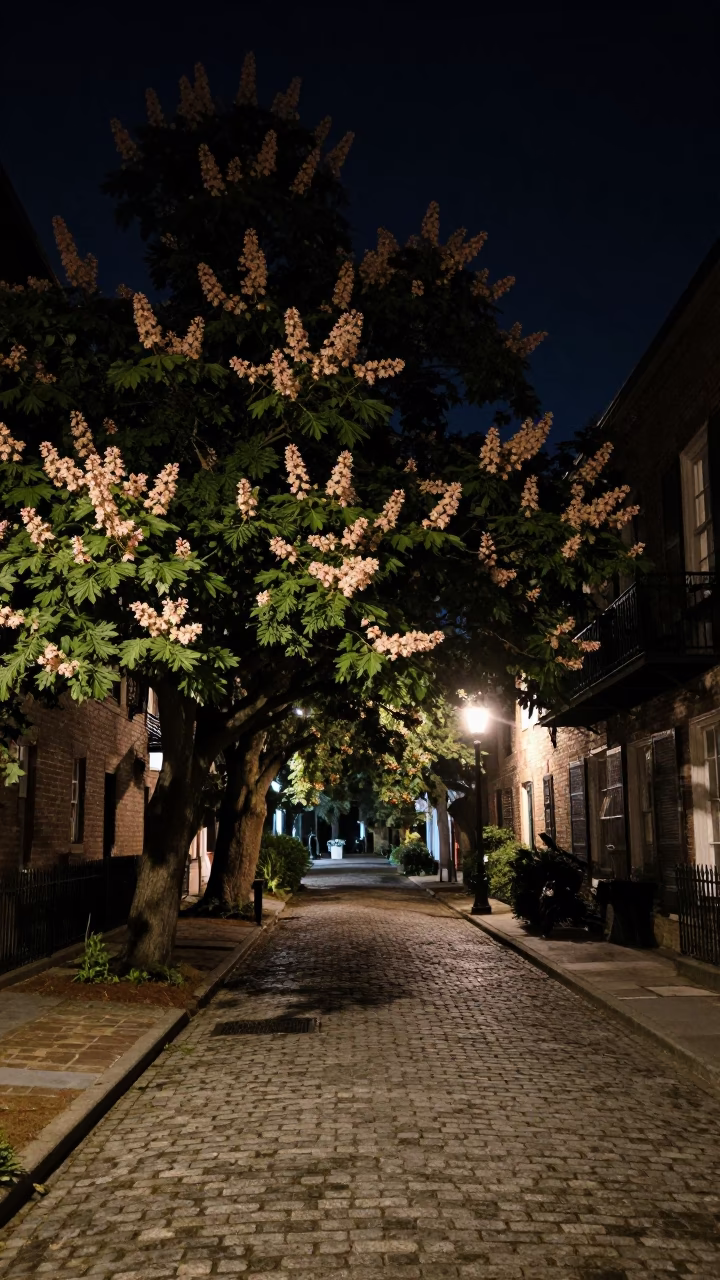 Charleston South Carolina Night Street Scene with Chestnut Tree and Cobblestone Alley in in Charleston, South Carolina, United States