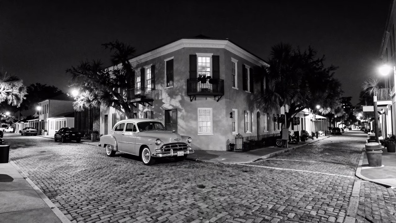 Charleston South Carolina Night Street Scene with Classic Car and Historic Architecture in in Charleston, South Carolina, United States