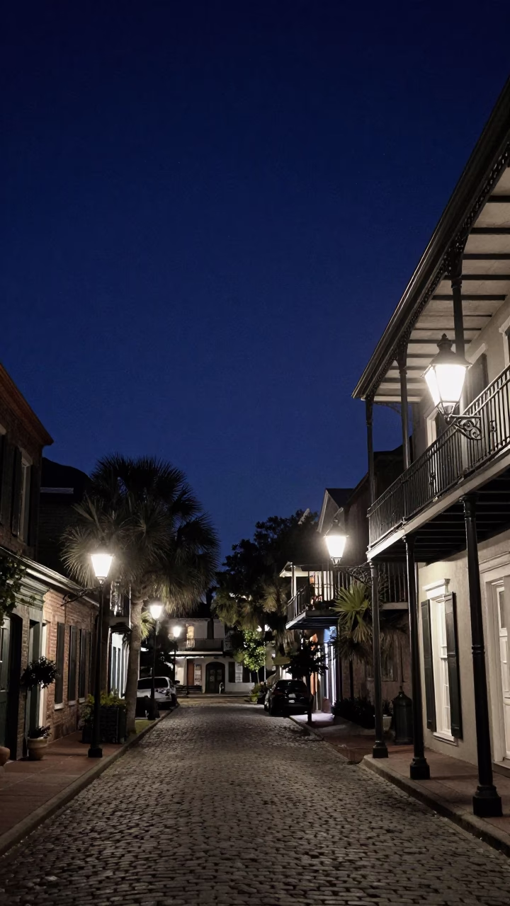 Charleston South Carolina Night Street Scene with Historic Architecture and Street Lighting in in Charleston, South Carolina, United States