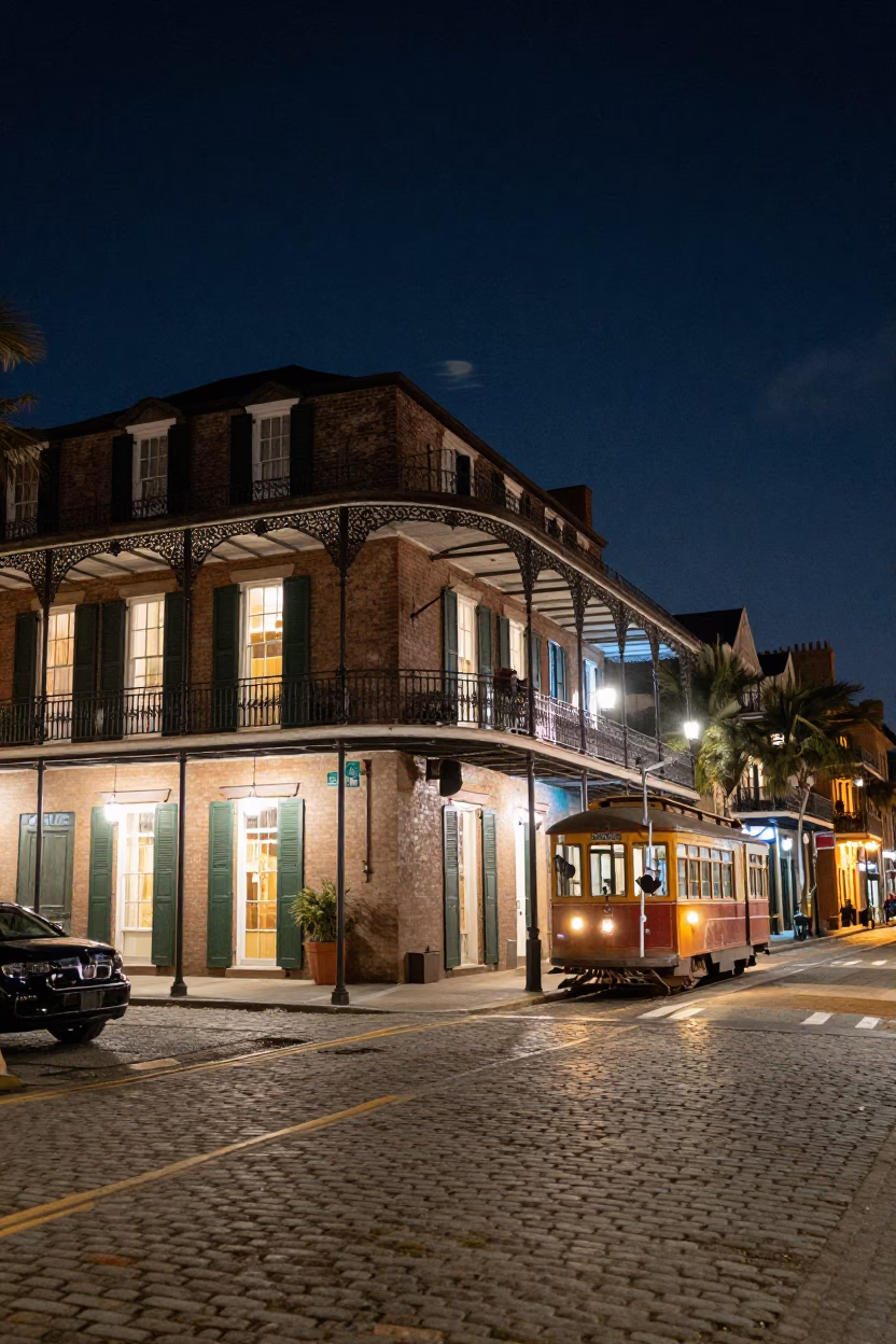Charleston South Carolina Night Street Scene with Historic Architecture and Tram in in Charleston, South Carolina, United States
