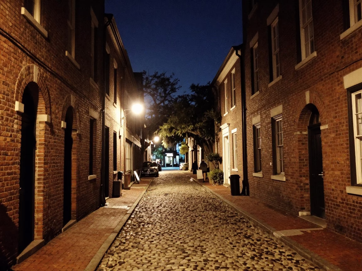 Charleston South Carolina Night Street Scene with Historic Brick Architecture and Ambient Lighting in in Charleston, South Carolina, United States