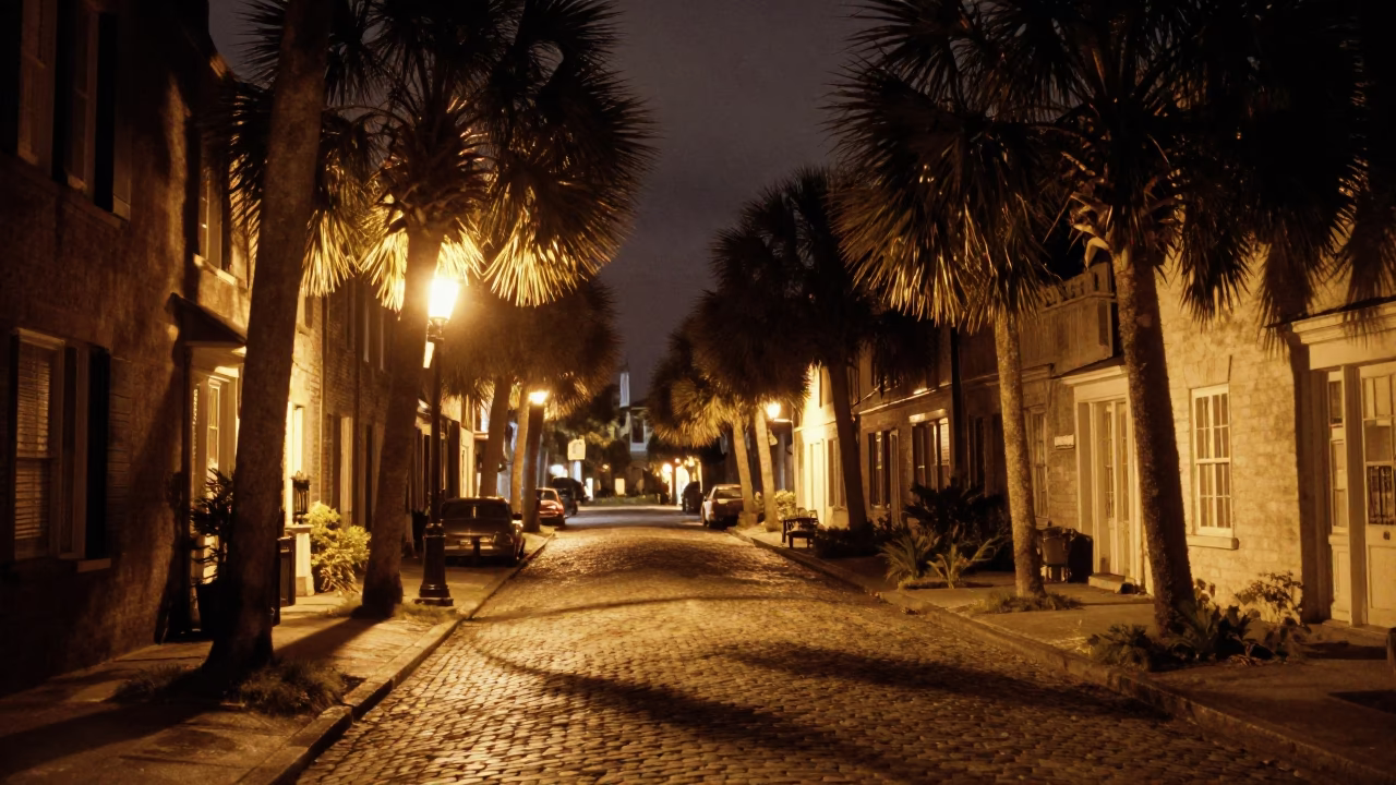 Charleston South Carolina Night Street Scene with Palm Trees and Vintage Cars in in Charleston, South Carolina, United States