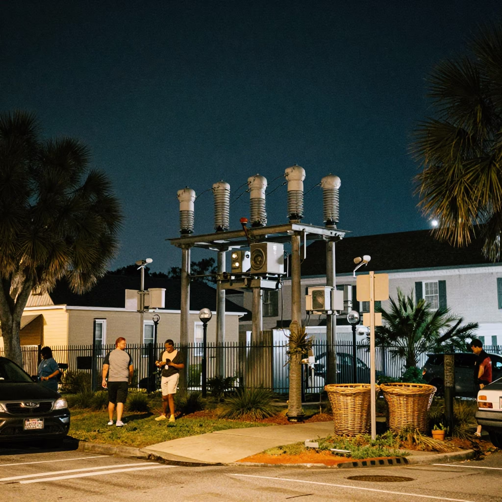 Charleston South Carolina Night Street Scene with Substation Insulators and Wicker Shadow in in Charleston, South Carolina, United States