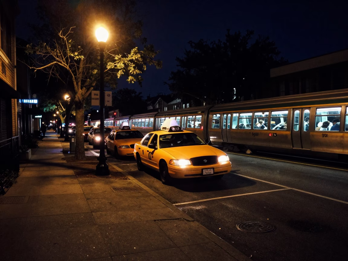 Charleston South Carolina Night Street Scene With Taxi Rank Outside Train Station At Twilight in in Charleston, South Carolina, United States