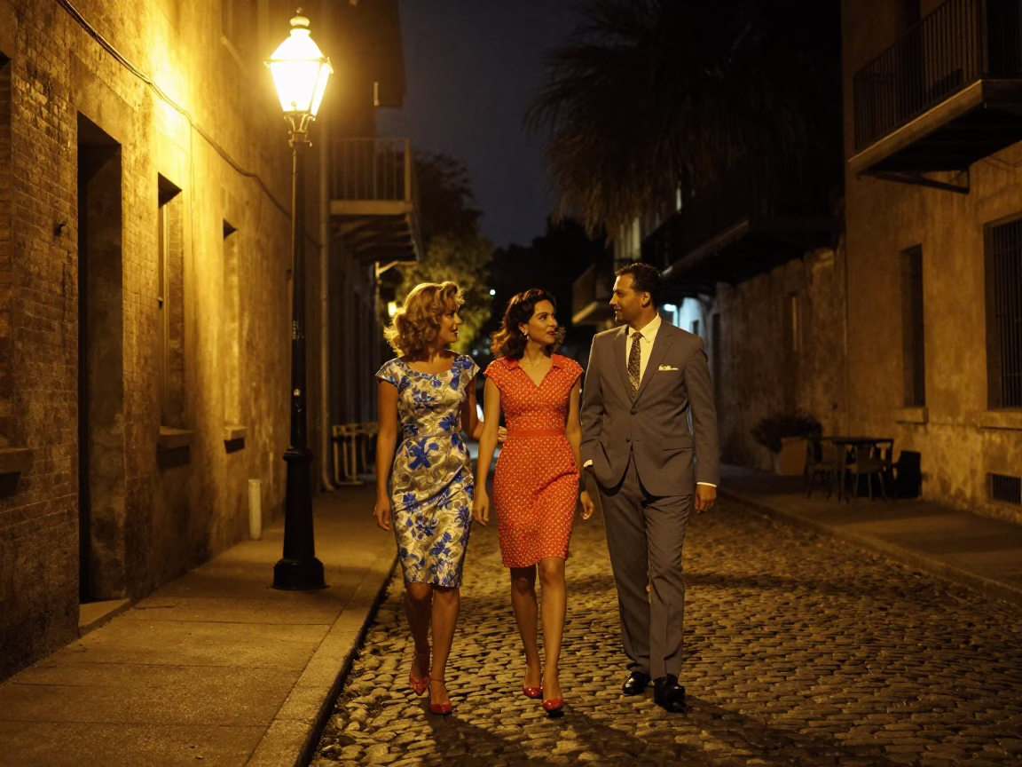 Charleston South Carolina Night Street Scene with Vintage 1960s Fashion and Cobblestone Alleyway in in Charleston, South Carolina, United States