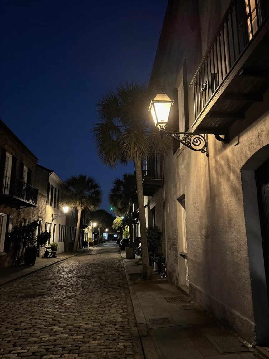 Charleston South Carolina Night Street Scene with Vintage Lantern and Cobblestones in in Charleston, South Carolina, United States