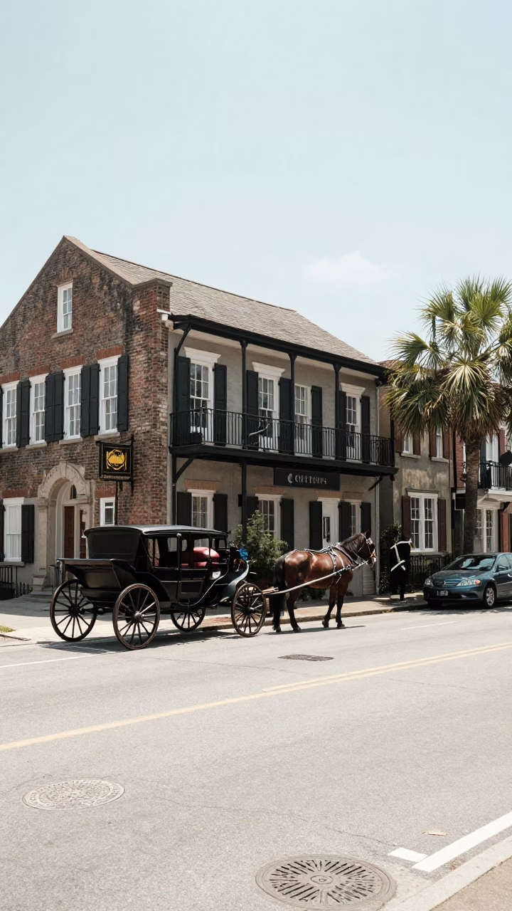 Charleston South Carolina Noon Street Scene with Historic Architecture and Local Life in in Charleston, South Carolina, United States