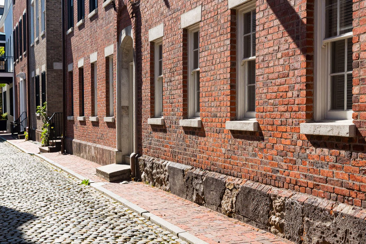 Charleston South Carolina Noon Sunlight on Historic Brick Alleyway with Stone Details in in Charleston, South Carolina, United States
