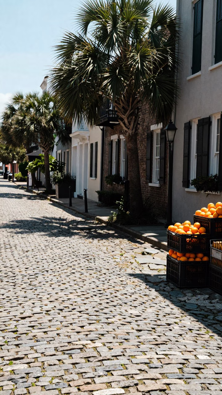Charleston South Carolina noon sunlight on historic cobblestone street with local dining in in Charleston, South Carolina, United States