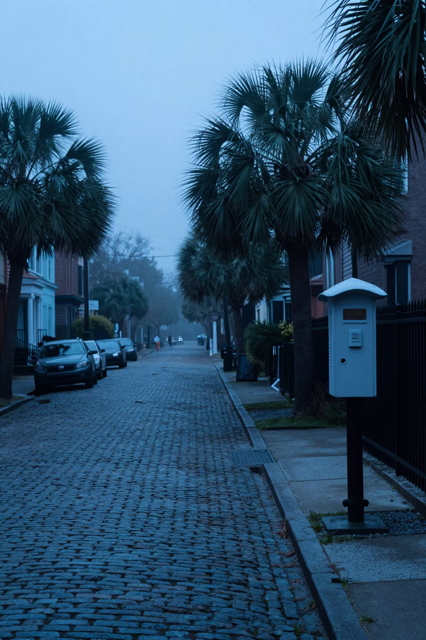 Charleston South Carolina Pre-Dawn Street Scene with Dew and Local Life in in Charleston, South Carolina, United States