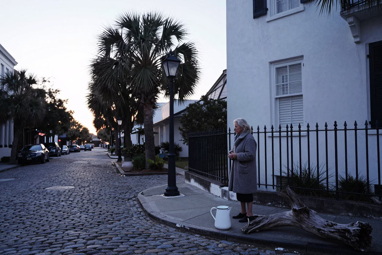 Charleston South Carolina Pre-Dawn Street Scene with Enamel Pitcher and Driftwood in in Charleston, South Carolina, United States