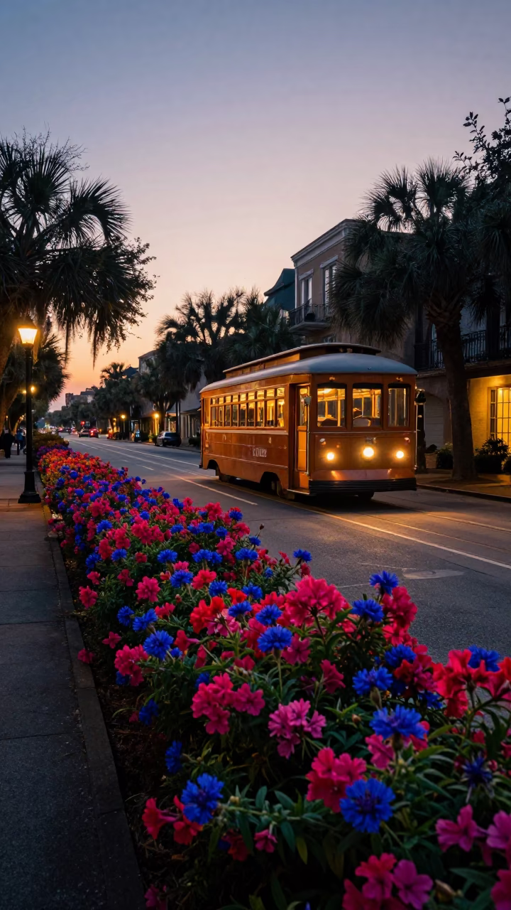 Charleston South Carolina Pre-Dawn Street Scene with Heritage Tram and Plumbago Hedge in in Charleston, South Carolina, United States
