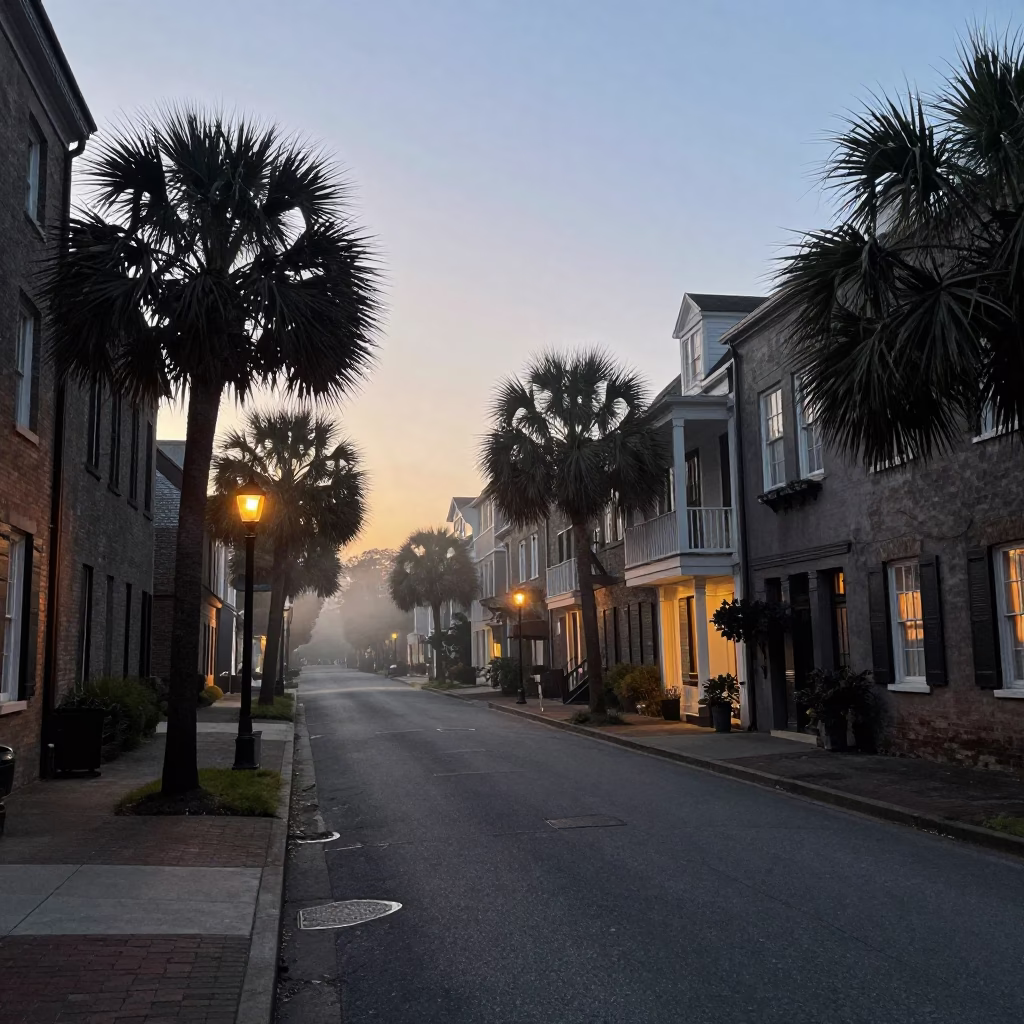 Charleston South Carolina Pre-Dawn Street Scene with Historic Architecture and Early Morning Activity in in Charleston, South Carolina, United States