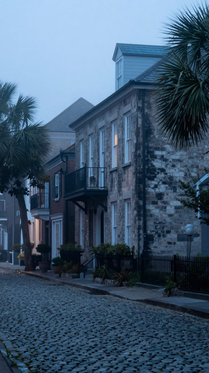 Charleston South Carolina Pre-Dawn Street Scene with Historic Architecture and Early Morning Light in in Charleston, South Carolina, United States