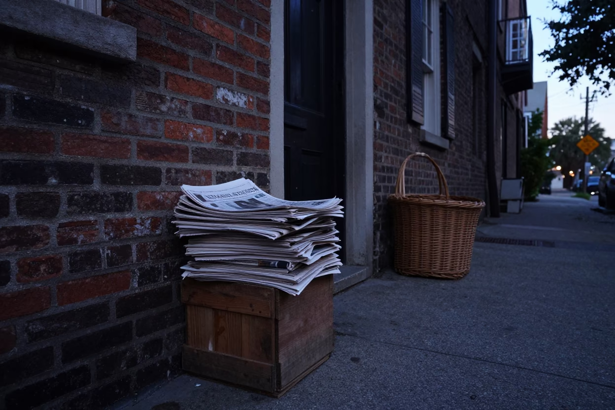 Charleston South Carolina Pre-Dawn Street Scene with Newspaper Stack and Wicker Shadow in in Charleston, South Carolina, United States