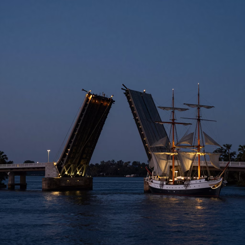 Charleston South Carolina Predawn Drawbridge Raising for Tall Ship in in Charleston, South Carolina, United States