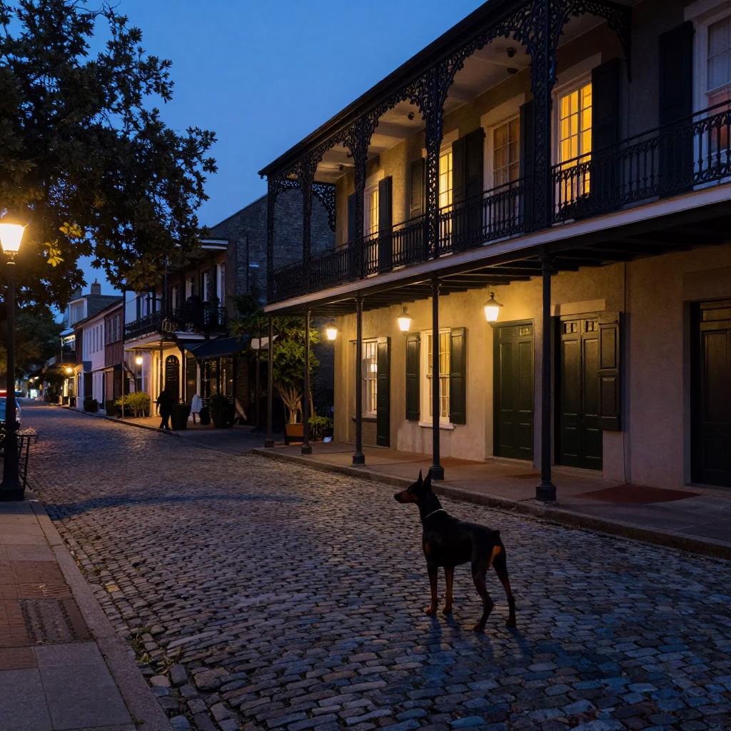 Charleston South Carolina Predawn Street Scene with Doberman Pinscher and Historic Architecture in in Charleston, South Carolina, United States