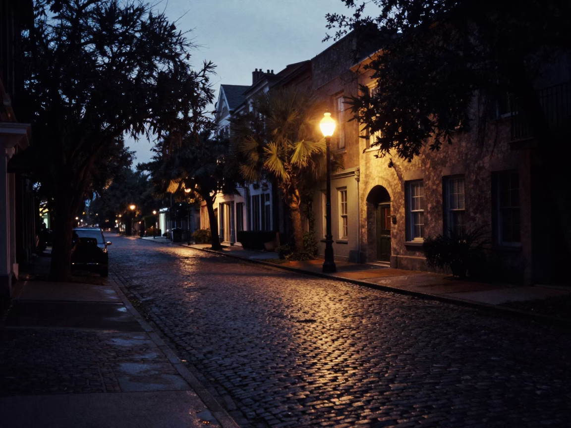 Charleston South Carolina Predawn Street Scene with Vintage 1980s Atmosphere and Urban Details in in Charleston, South Carolina, United States