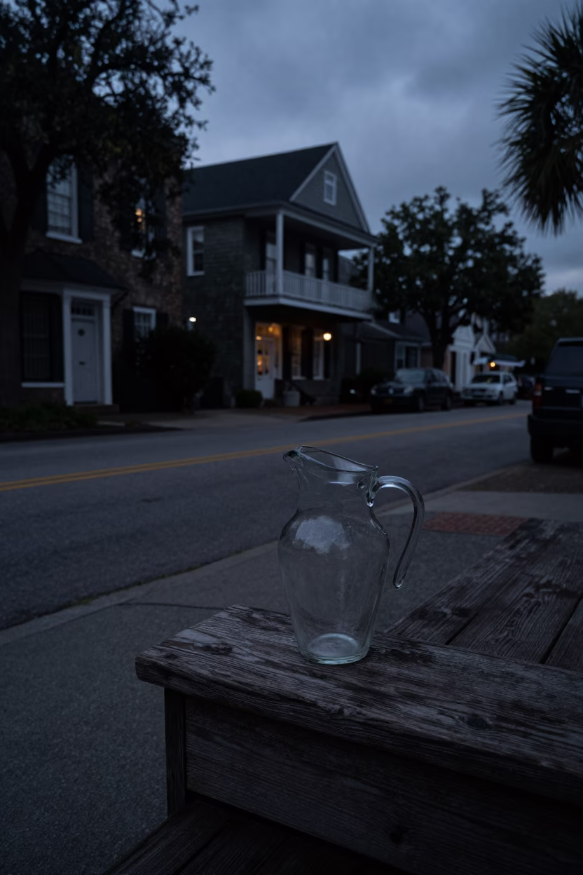 Charleston South Carolina Predawn Street Scene with Vintage Glass Pitcher and Flowering Plant in in Charleston, South Carolina, United States