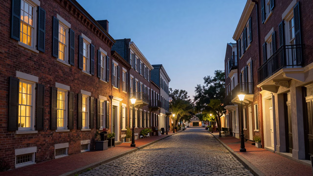 Charleston South Carolina Street Scene at Dusk with Historic Architecture and City Lights in in Charleston, South Carolina, United States