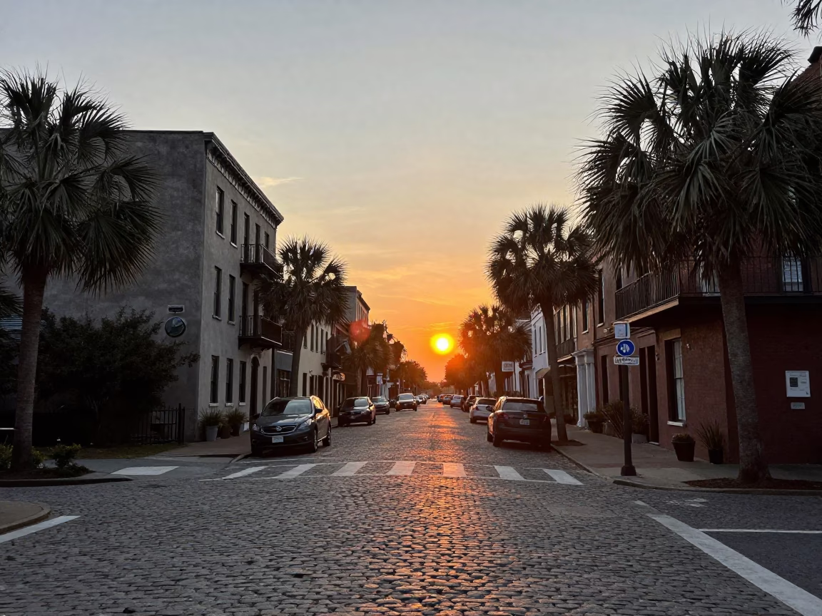 Charleston South Carolina street scene at sunset with historic architecture and local life in in Charleston, South Carolina, United States