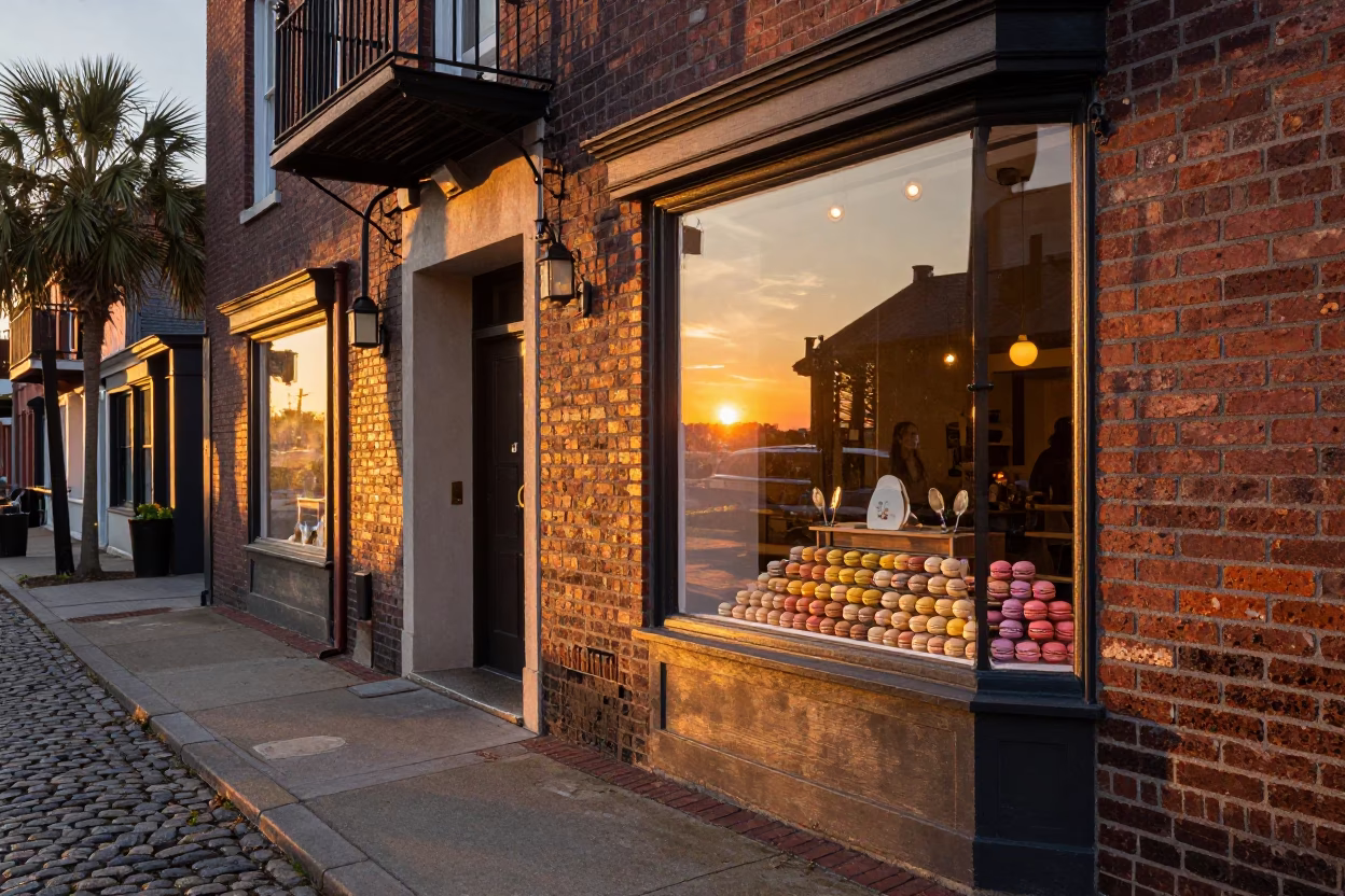 Charleston South Carolina Street Scene at Sunset with Shop Window and Pedestrians in in Charleston, South Carolina, United States