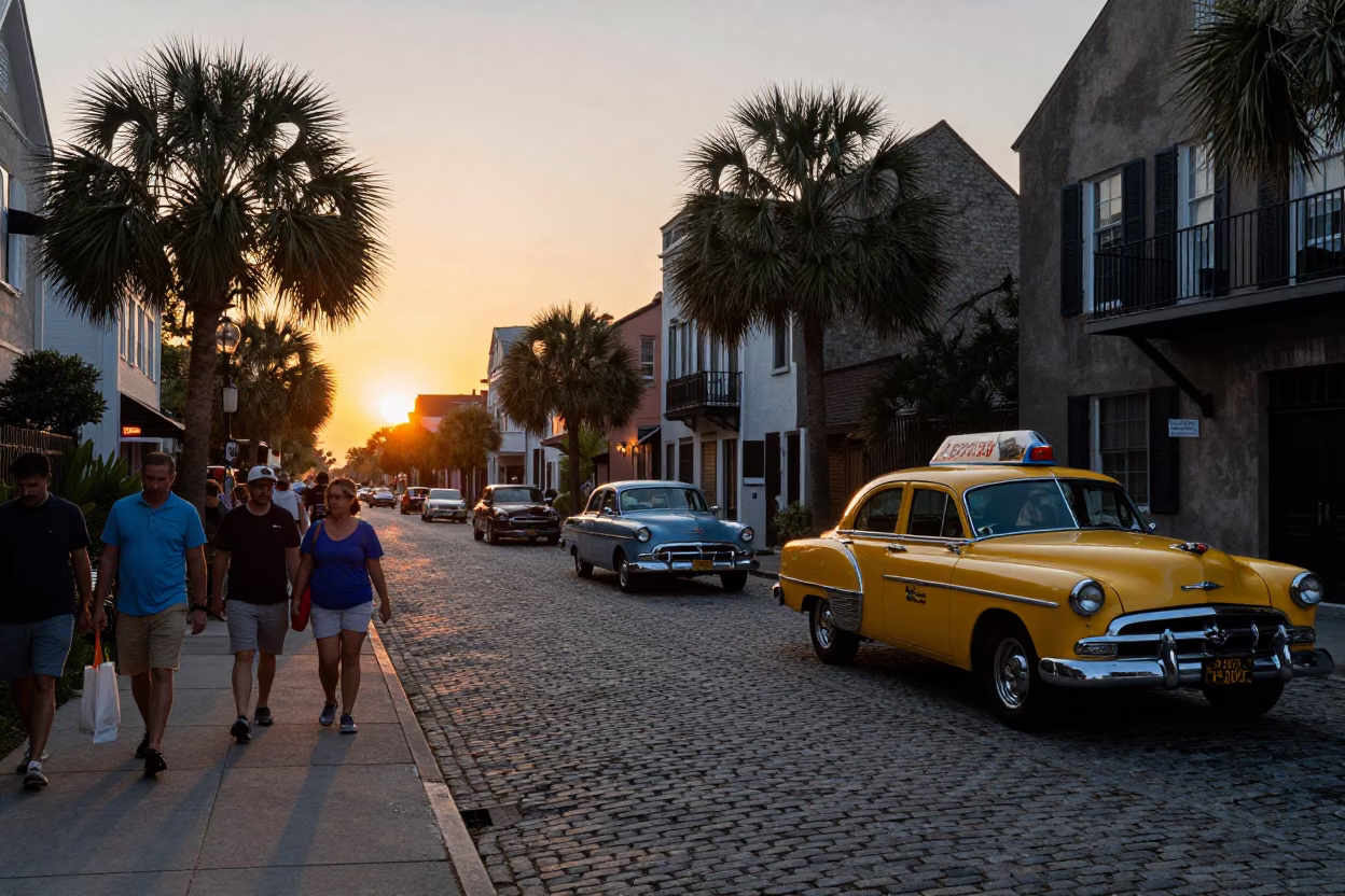 Charleston South Carolina street scene at sunset with vintage cars and historic architecture in in Charleston, South Carolina, United States