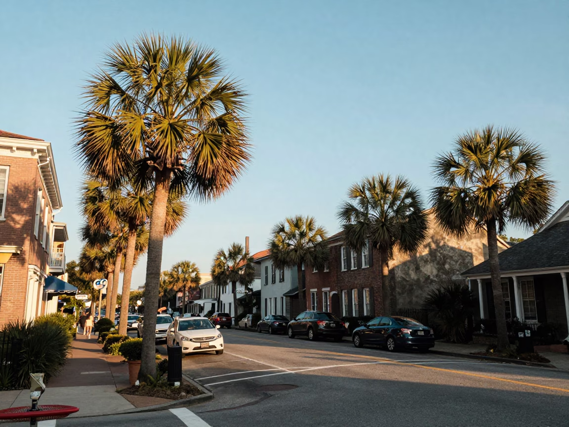 Charleston South Carolina Street Scene Late Afternoon Palm Trees and Historic Architecture in in Charleston, South Carolina, United States