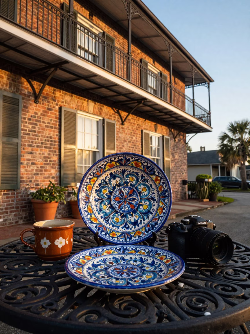 Charleston South Carolina Sunrise High Fashion Vintage Italian Majolica Plate on Balcony in in Charleston, South Carolina, United States