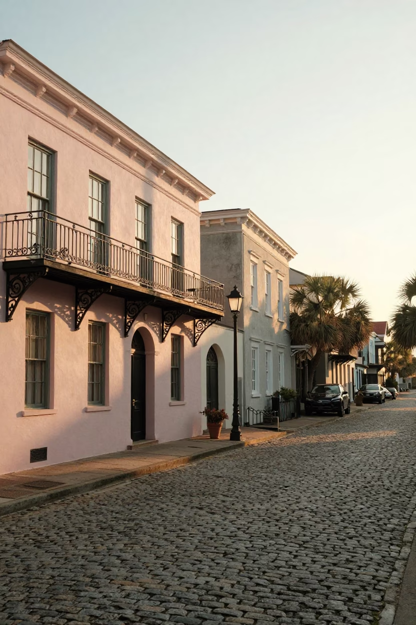 Charleston South Carolina Sunrise Morning Light on Historic Street with Local Details in in Charleston, South Carolina, United States