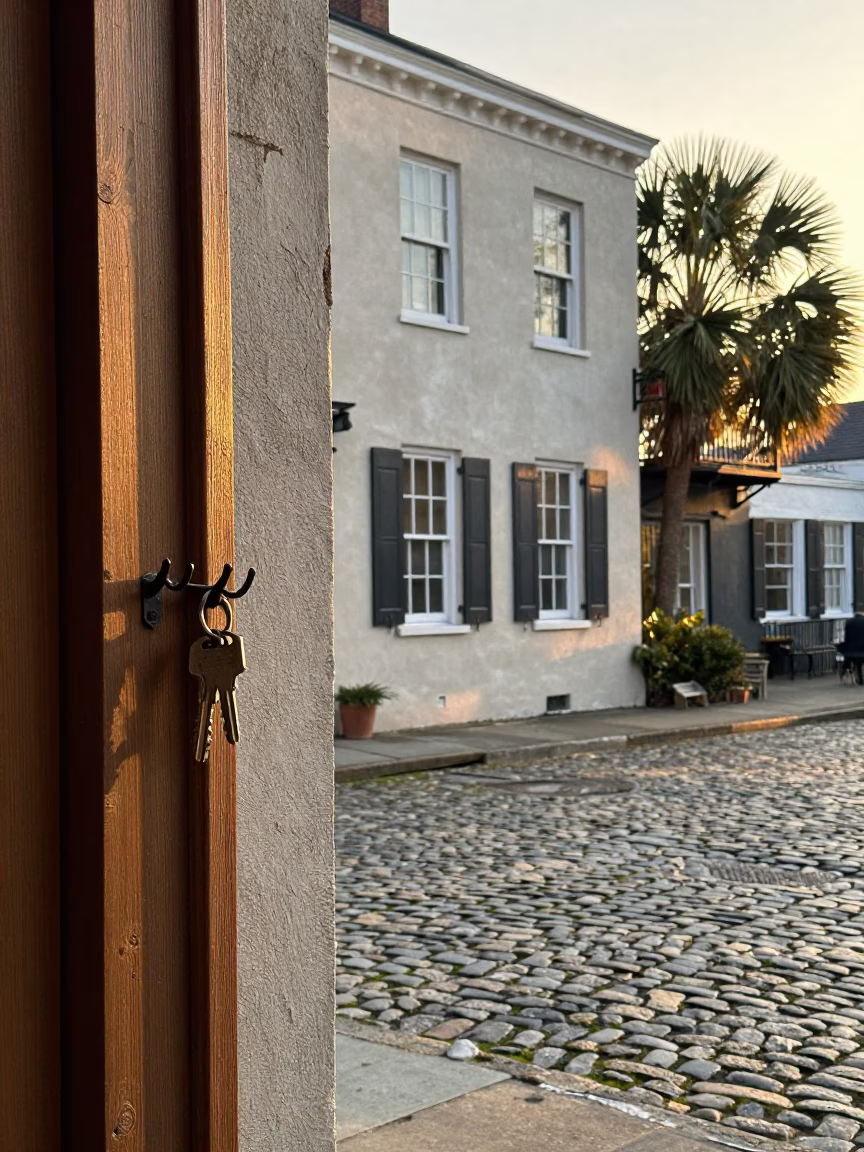 Charleston South Carolina Sunrise Street Scene with Historic Stucco and Glass in in Charleston, South Carolina, United States
