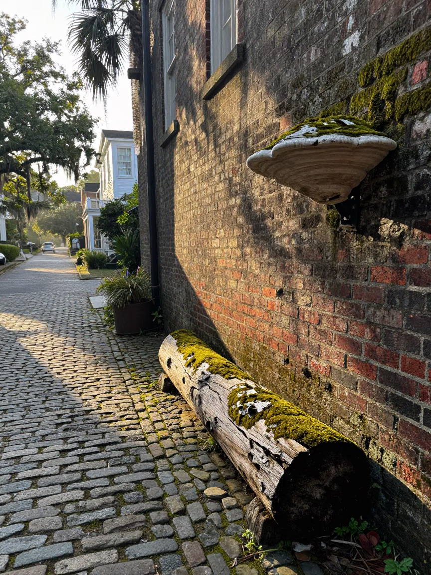 Charleston South Carolina Sunrise Street Scene with Moss Log and Bracket Fungus in in Charleston, South Carolina, United States