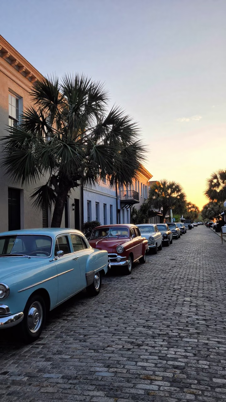 Charleston South Carolina Sunrise Street Scene with Vintage Cars and Historic Architecture in in Charleston, South Carolina, United States