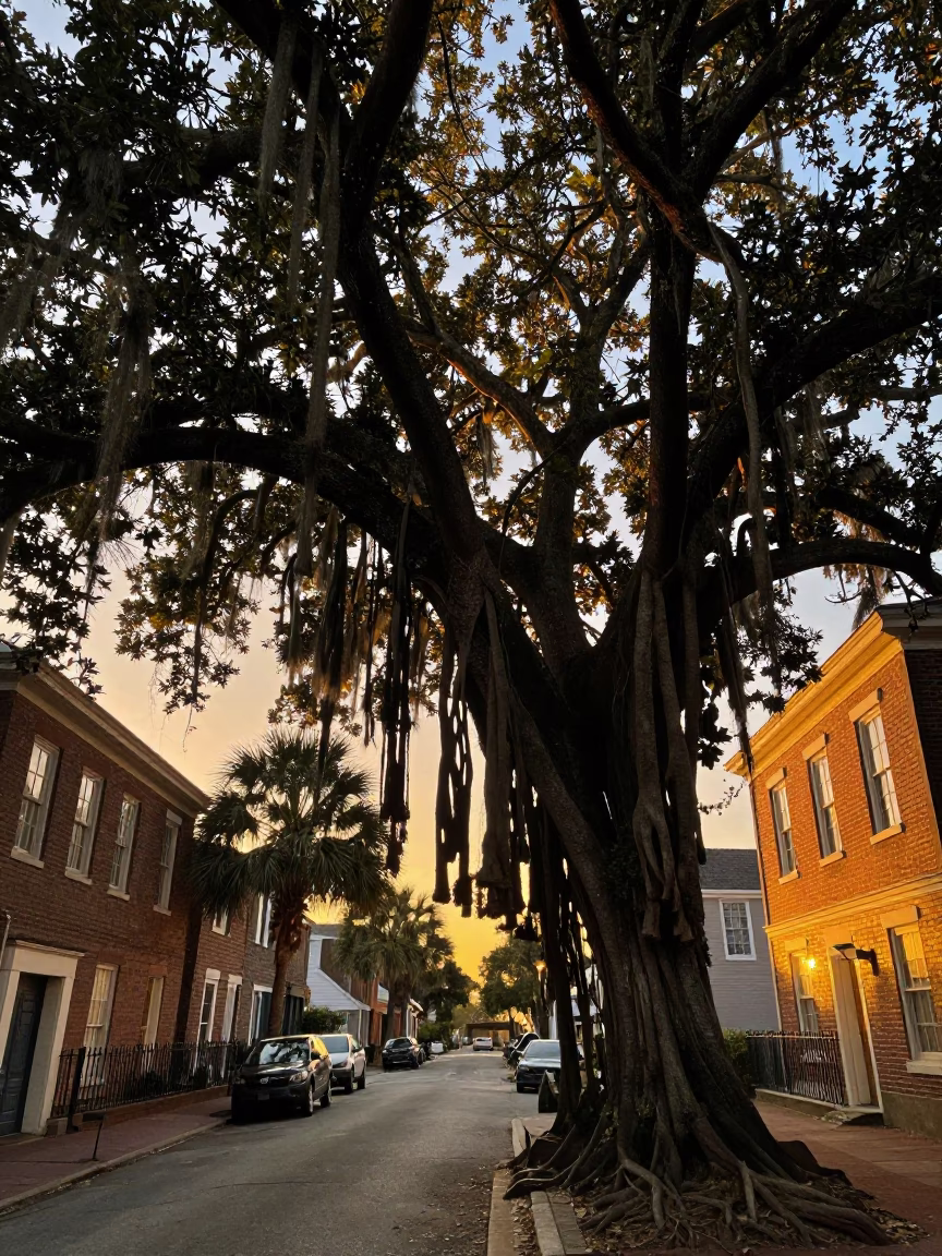 Charleston South Carolina sunset banyan tree aerial roots historic district street scene in in Charleston, South Carolina, United States