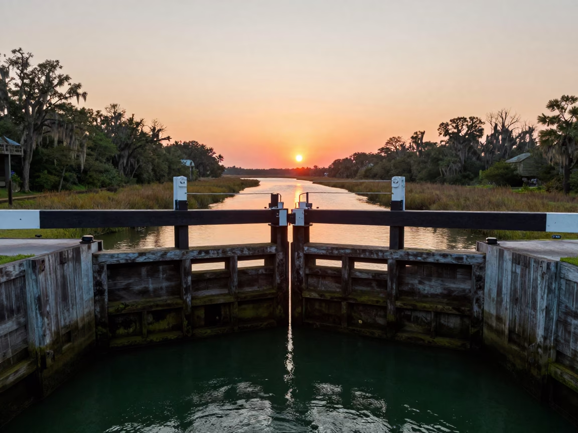 Charleston South Carolina Sunset Canal Lock Gate Closing on Still Green Water in in Charleston, South Carolina, United States