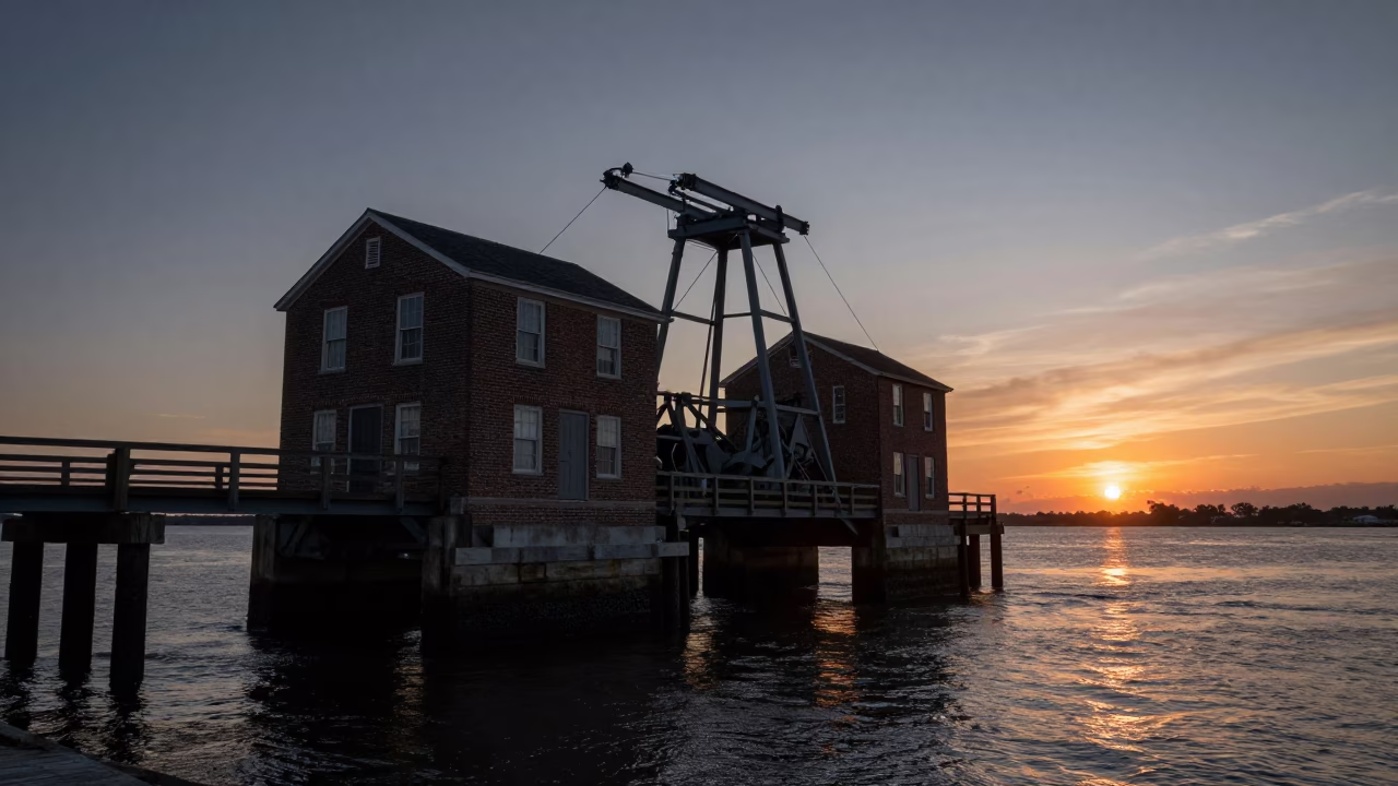 Charleston South Carolina Sunset Drawbridge Counterweight House Tidal Channel in in Charleston, South Carolina, United States