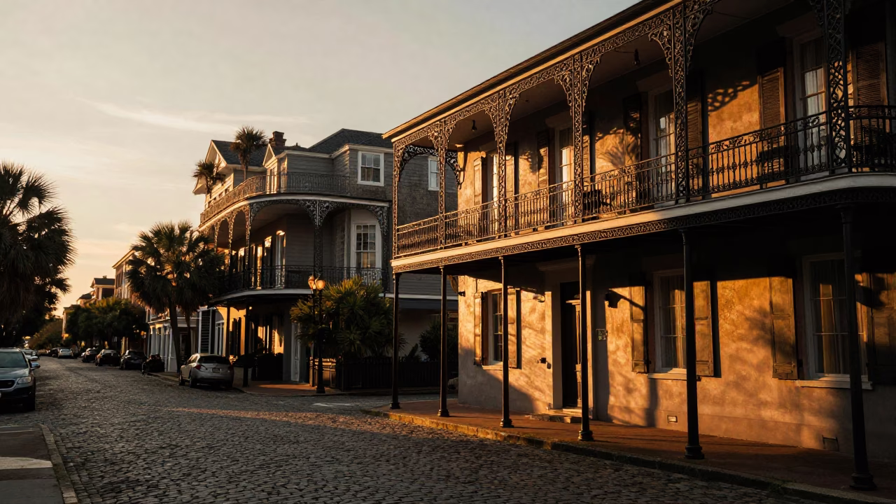 Charleston South Carolina Sunset Landscape View of Historic District Architecture and Tidal Water Reflections in in Charleston, South Carolina, United States