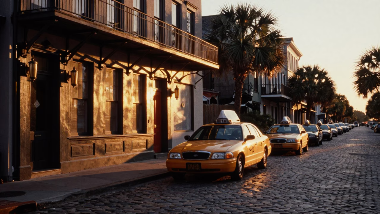 Charleston South Carolina Sunset Riverfront Street Scene with Taxi Rank and Historic Architecture in in Charleston, South Carolina, United States