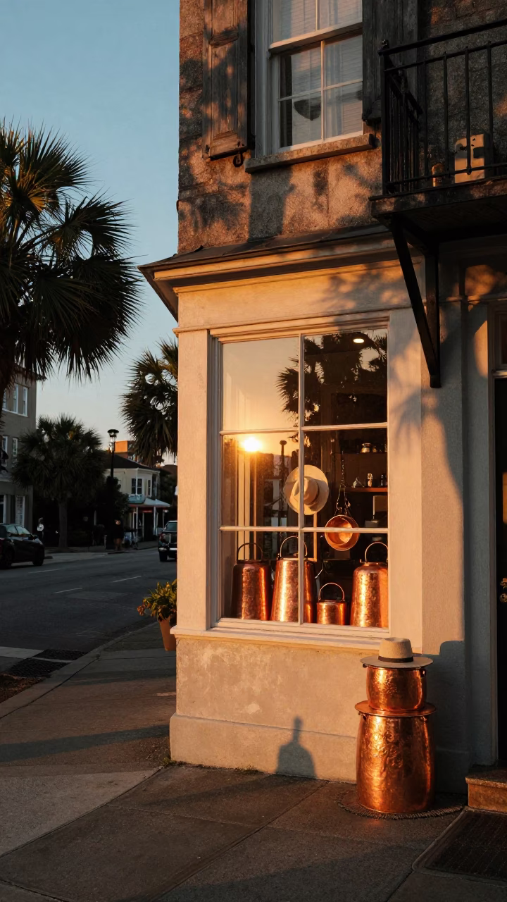 Charleston South Carolina Sunset Scene with Copper Pots and Sun Hats in in Charleston, South Carolina, United States