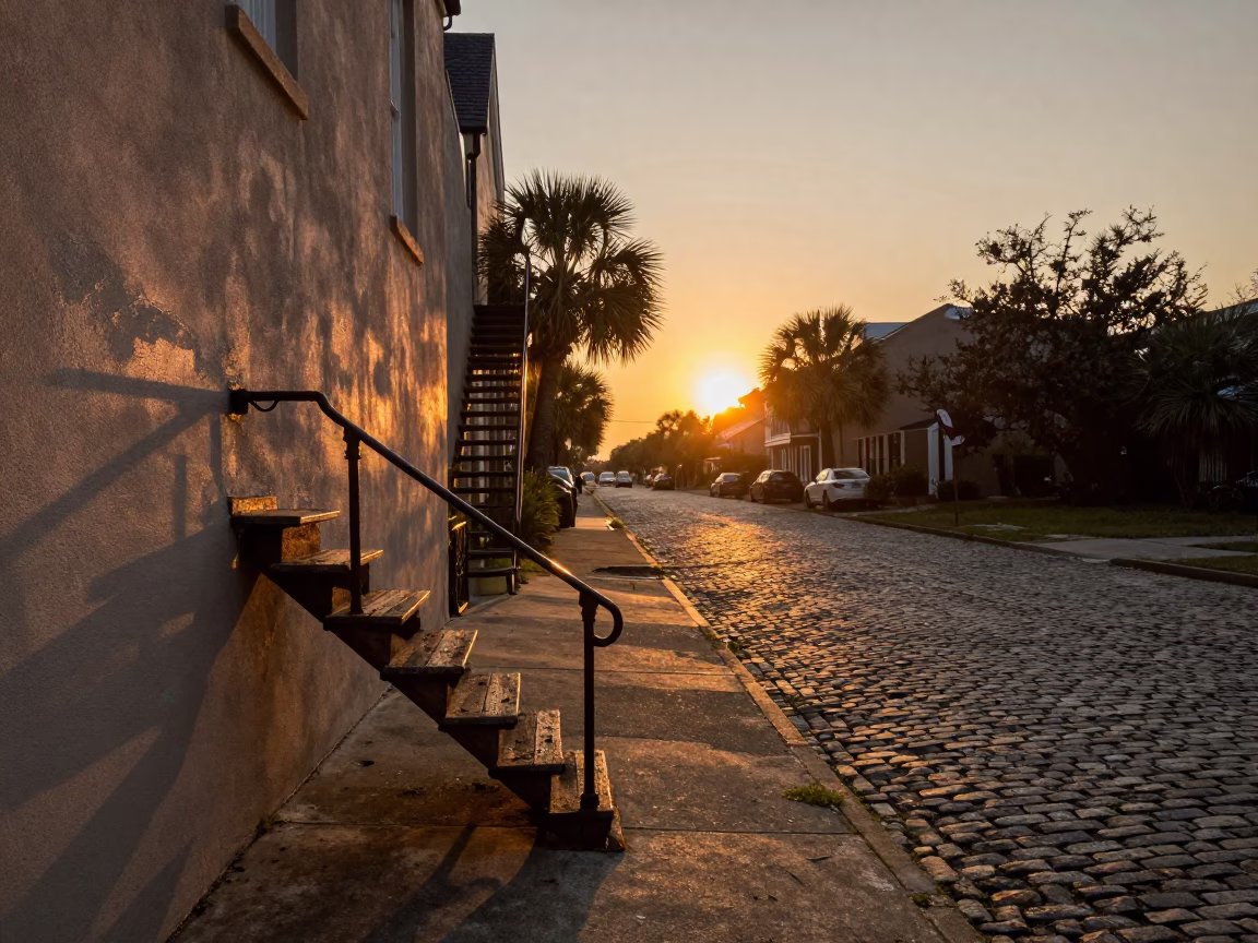 Charleston South Carolina Sunset Stair Rail and Cobblestone Street Scene in in Charleston, South Carolina, United States