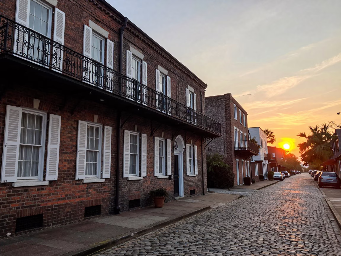 Charleston South Carolina Sunset Street Scene with Brick Architecture and Cobblestone in in Charleston, South Carolina, United States