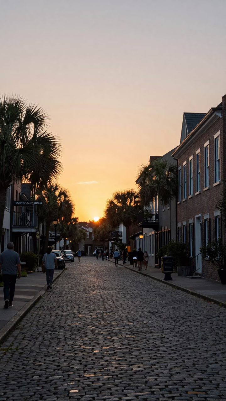 Charleston South Carolina Sunset Street Scene with Cobblestones and Historic Architecture in in Charleston, South Carolina, United States