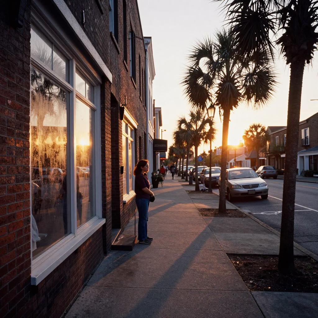 Charleston South Carolina Sunset Street Scene with Condensation on Glass and Local Atmosphere in in Charleston, South Carolina, United States