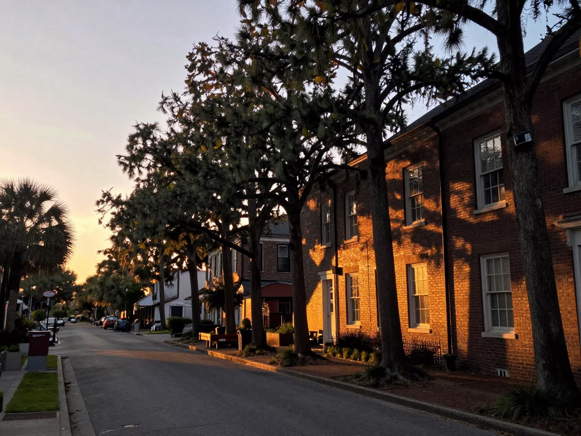 Charleston South Carolina Sunset Street Scene with Cypress Trees and Local Activity in in Charleston, South Carolina, United States