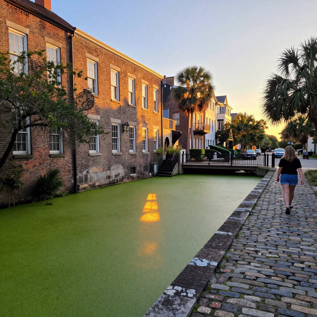 Charleston South Carolina Sunset Street Scene with Duckweed Pond and Vintage Architecture in in Charleston, South Carolina, United States