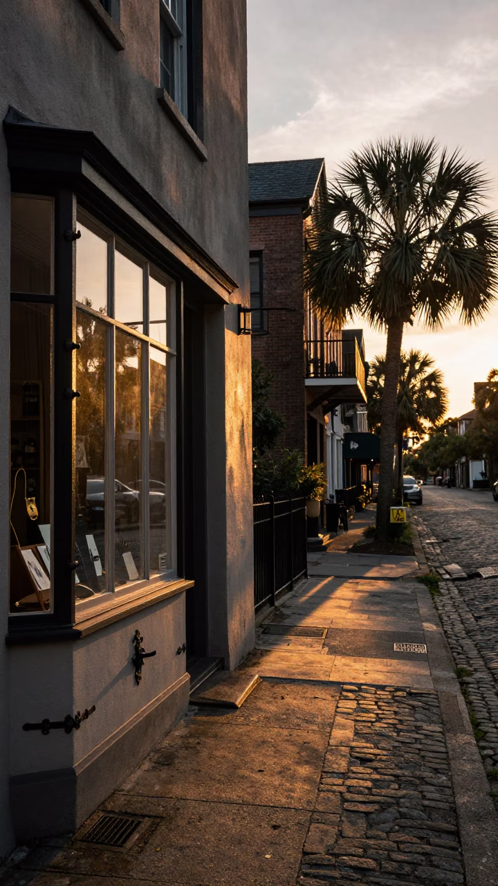 Charleston South Carolina sunset street scene with historic architecture and local activity in in Charleston, South Carolina, United States