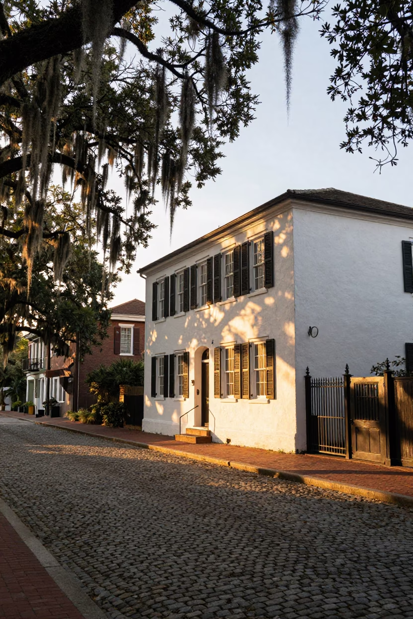 Charleston South Carolina Sunset Street Scene with Historic Architecture and Local Details in in Charleston, South Carolina, United States